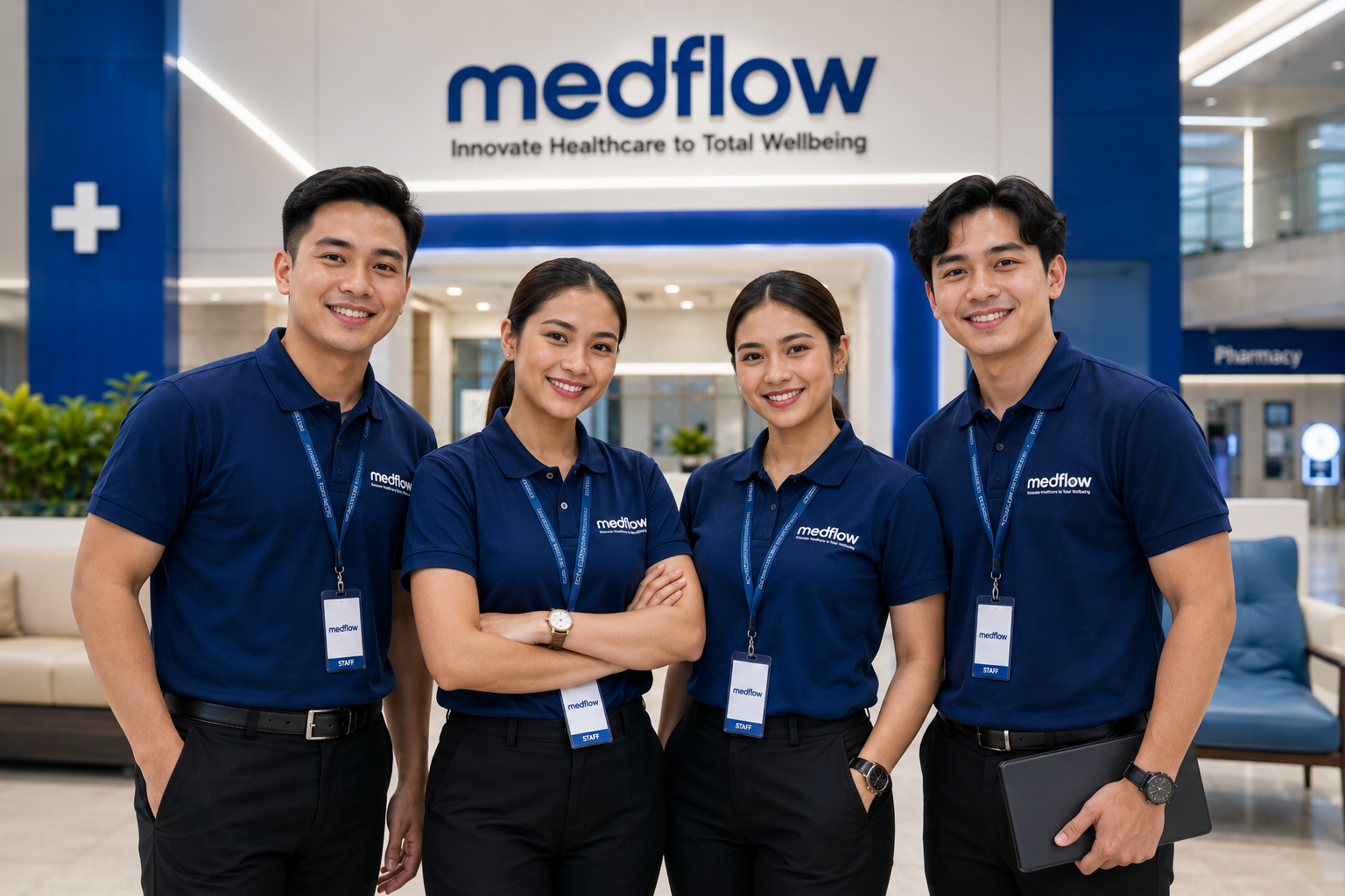 Medflow team — Filipino and Filipina sales executive, biomedical engineer, project manager and marketing executive in branded polos